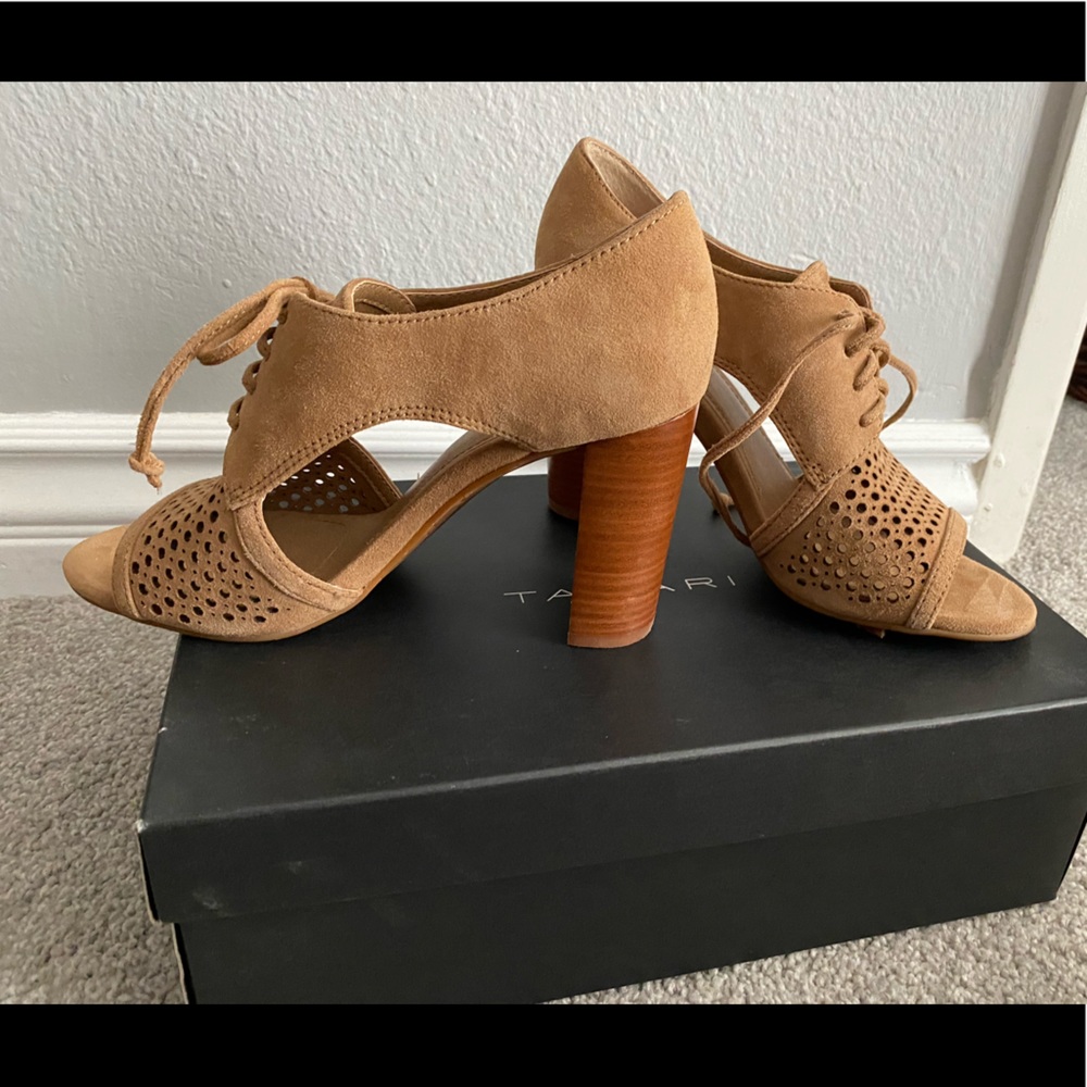 Tahari Tan Suede lace up heels/booties